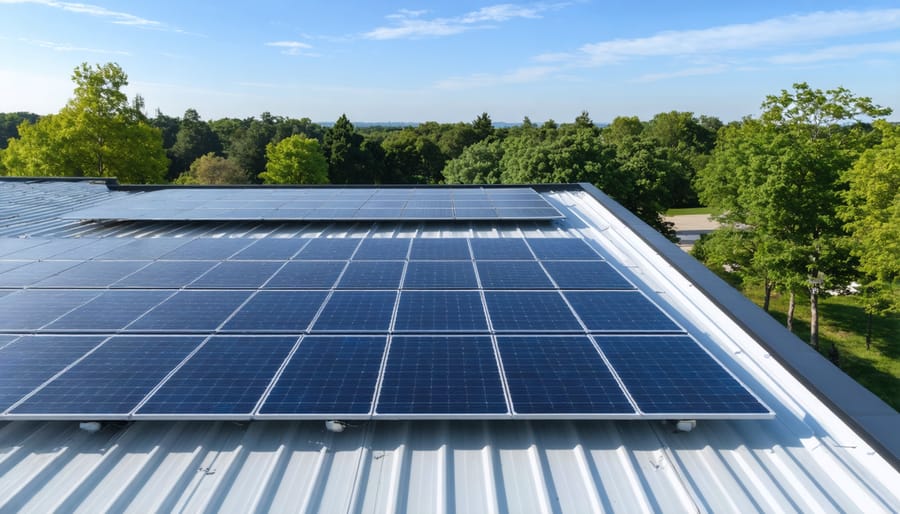 Aerial view of residential rooftop solar panel array during sunset