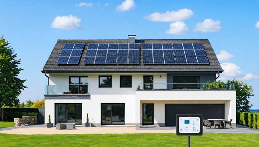 Contemporary house featuring solar panel installation with digital energy monitoring display