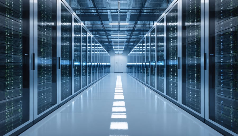 Exterior view of modern data center building with visible technical infrastructure