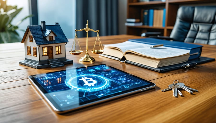 Real estate closing table with a miniature house, brass scales of justice, and a tablet showing a generic digital coin icon, lit by soft daylight with blurred law-office shelves, paperwork, and keys in the background.