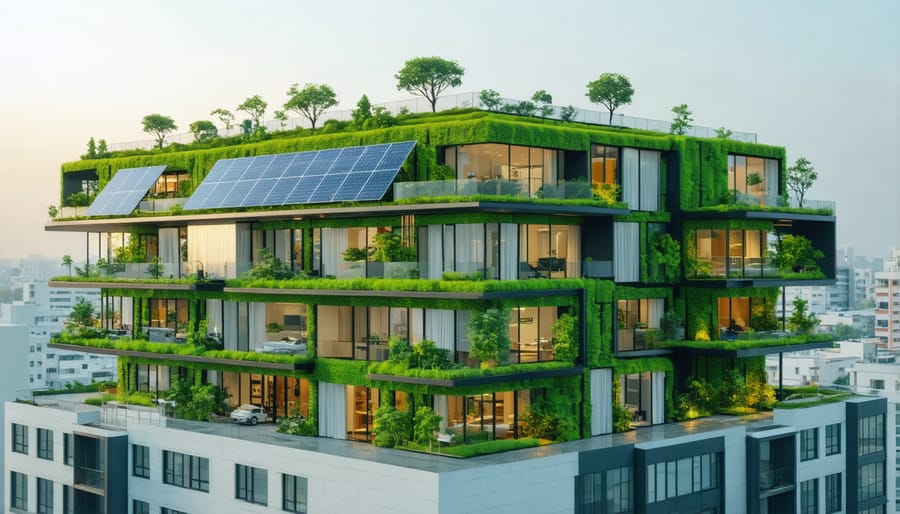 Sustainable commercial building with solar panels and green architecture in developing urban area
