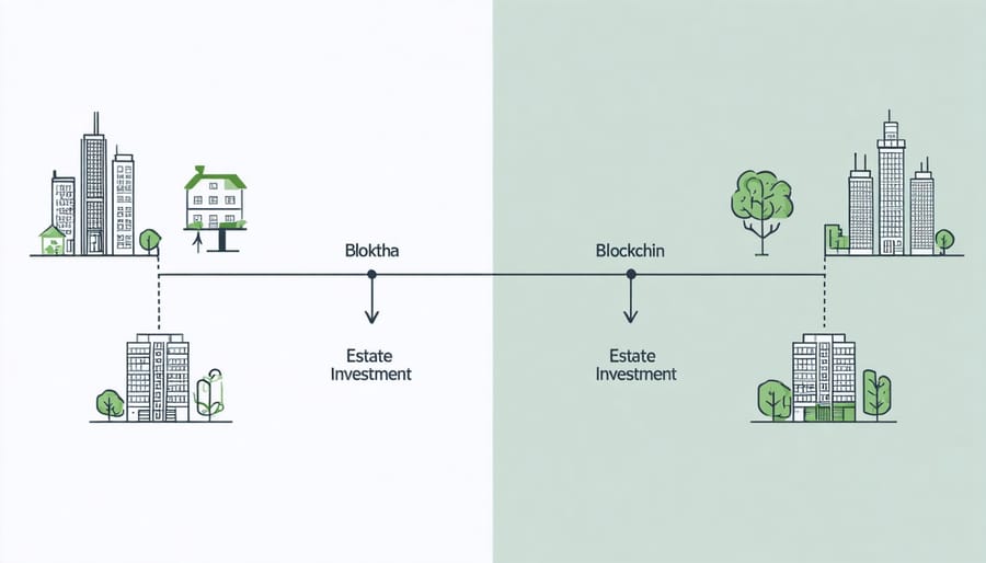 Split diagram comparing traditional and blockchain real estate investment processes