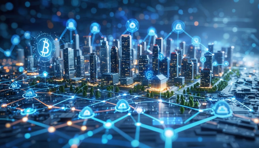 An illustration depicting a futuristic city intertwined with digital blockchain elements, demonstrating the impact of venture capital on blockchain real estate investments.