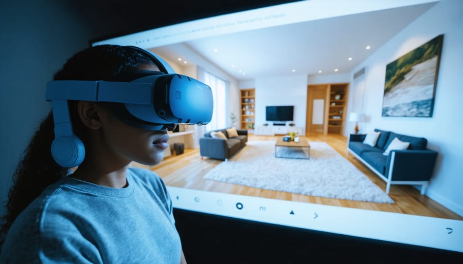 Real estate agent demonstrating virtual reality property tour with VR headset