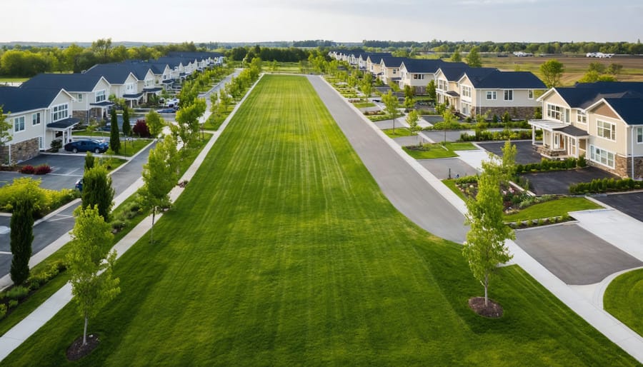 "Aerial view of a residential community with pristine landscaping and consistent architectural standards, showcasing lush green lawns and uniform building designs."