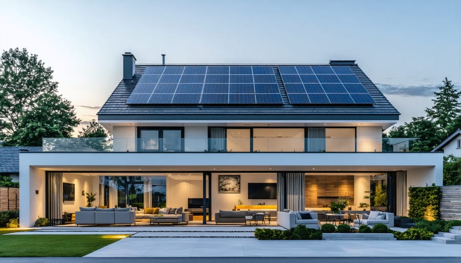 Modern house with solar panels and large windows in contemporary architectural style
