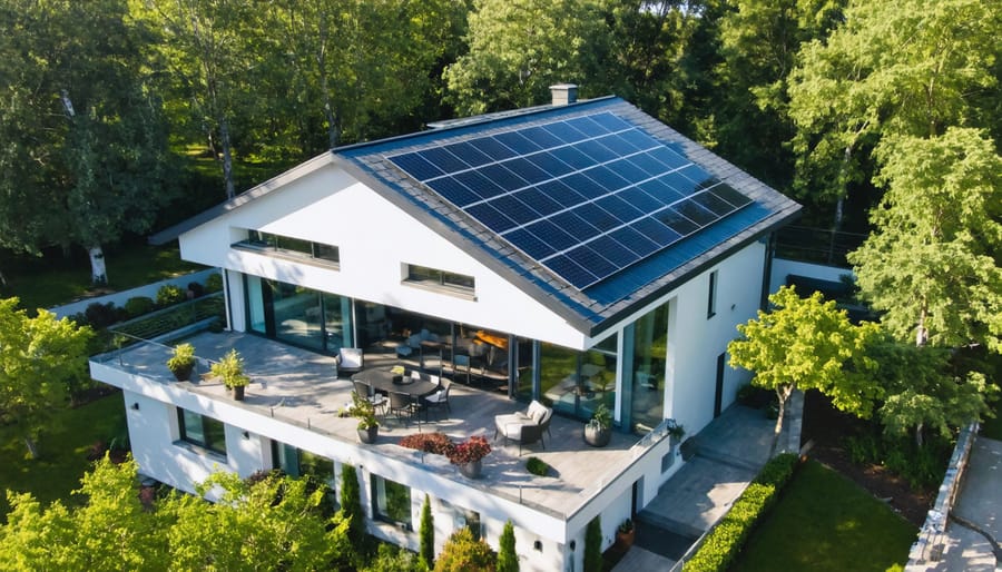 "Modern zero energy home with solar panels, surrounded by eco-friendly landscaping, under clear sky."