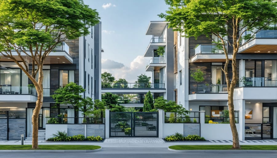 Modern apartment building entrance with residents and well-maintained landscaping