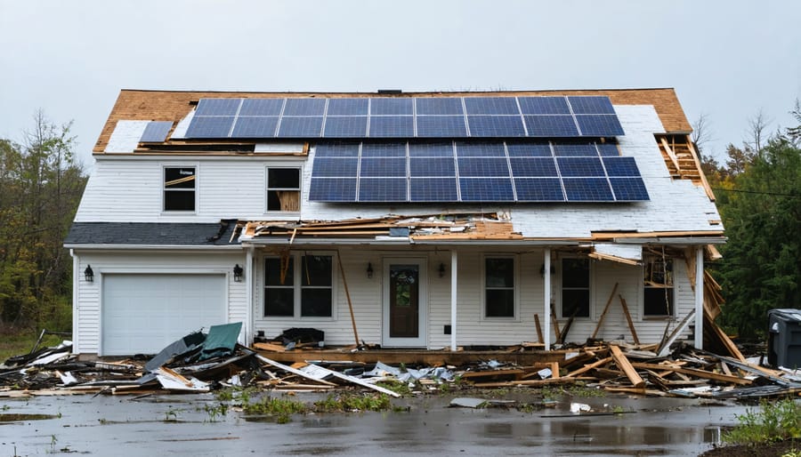 Storm-damaged residential roof with solar panels showing insurance coverage challenges
