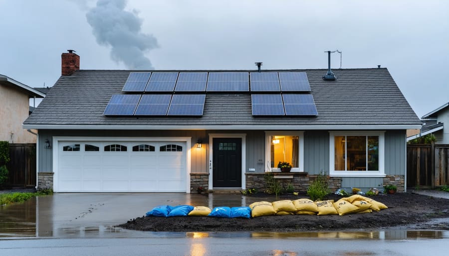 Suburban house with solar panels and metal roof, drought-tolerant landscaping, and sandbags by the front door as floodwater rises on the driveway; distant orange wildfire smoke and storm clouds over nearby rooftops.