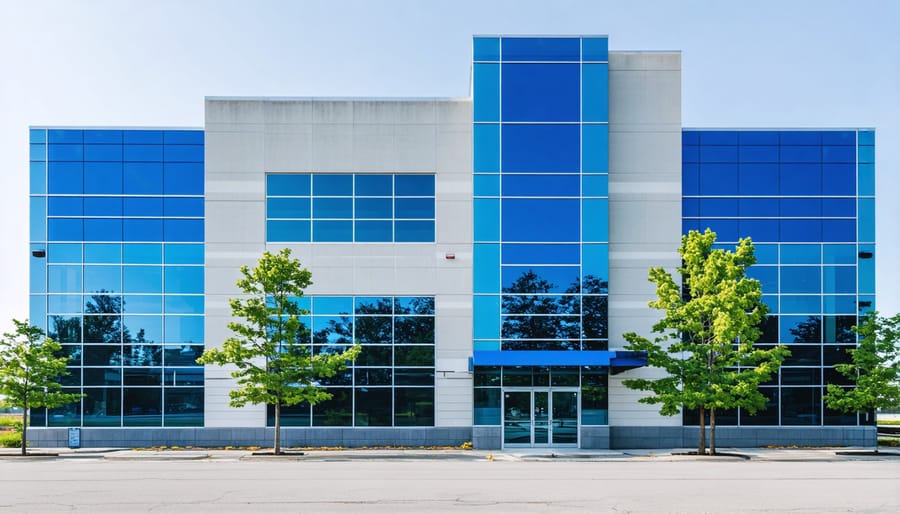 Modern commercial office building with glass facade in urban downtown setting