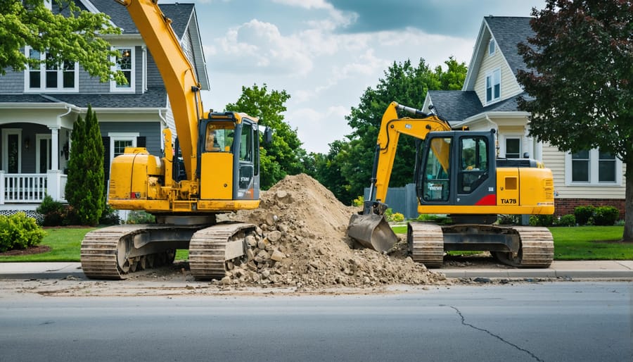 Construction barriers and detour signs on residential street with historic row houses in background