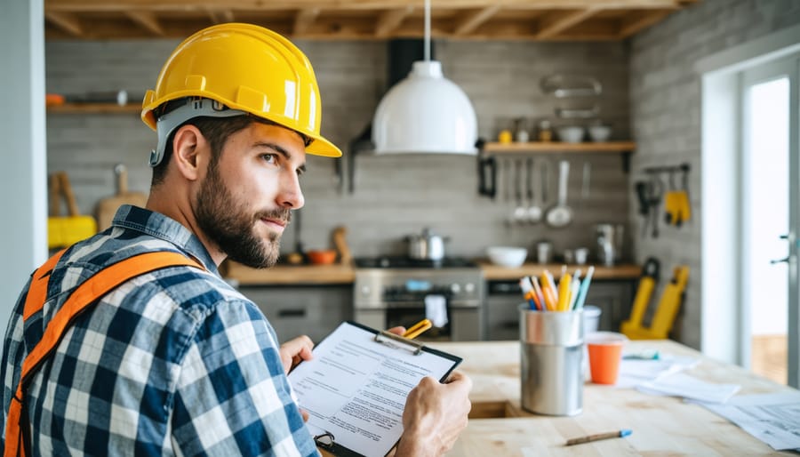 Contractor reviewing insurance certificate documents at construction site