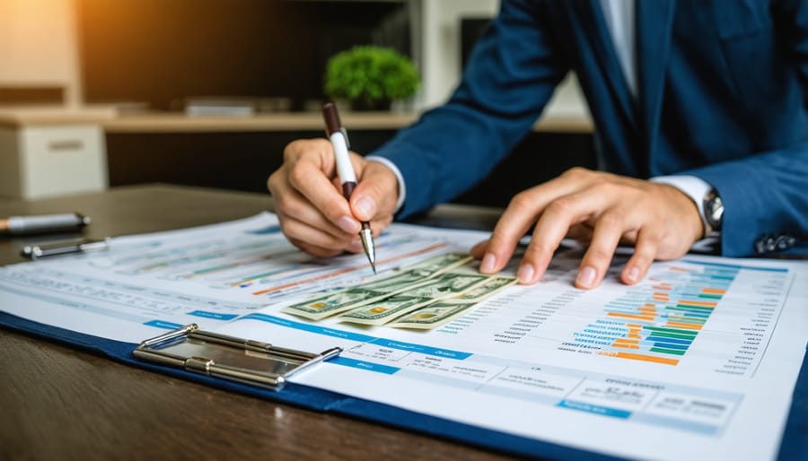 Couple reviewing home loan documents and financial information at kitchen table