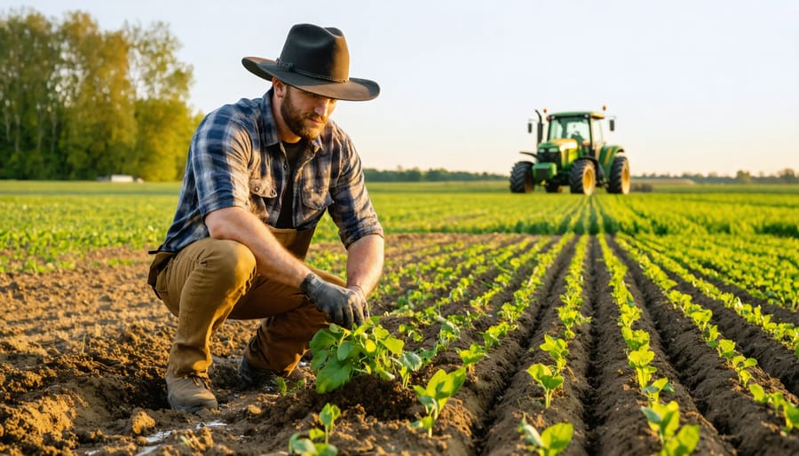 Farmer kneeling to examine healthy cover crop and rich topsoil beside a contour-planted field at golden hour, with a solar-paneled barn, retention pond, hedgerows, and a distant tractor in the background, illustrating sustainable practices that protect farm investments.