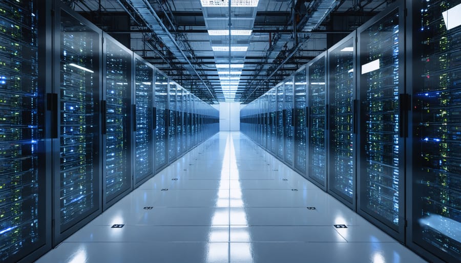Modern data center server room with illuminated equipment racks and networking infrastructure
