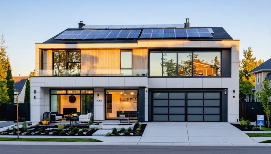 Modern two-story home with rooftop solar panels, triple-pane windows, and an exterior heat pump at golden hour, viewed from the curb in a suburban neighborhood