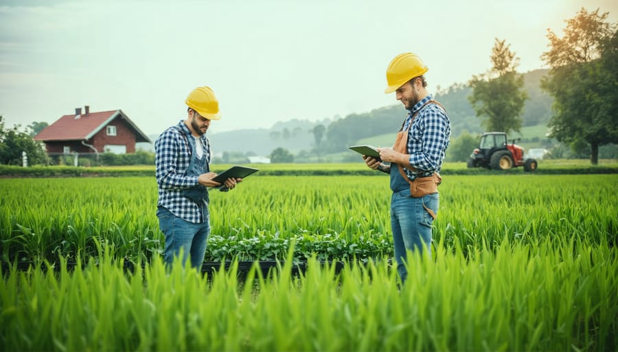 Property owner and insurance agent reviewing agricultural insurance documents in front of farmland