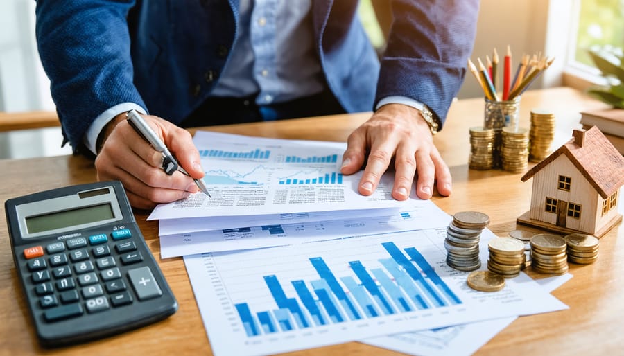 Hands sorting financial paperwork next to a calculator, coin stacks, and a small wooden house model on a wood desk, with soft daylight and a blurred home office background.