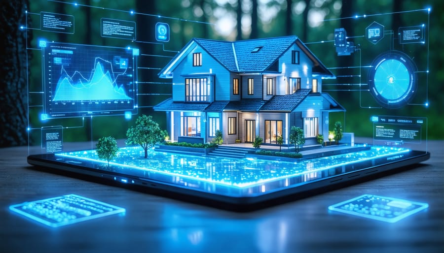 Overhead view of real estate workspace with multiple digital devices and property documents