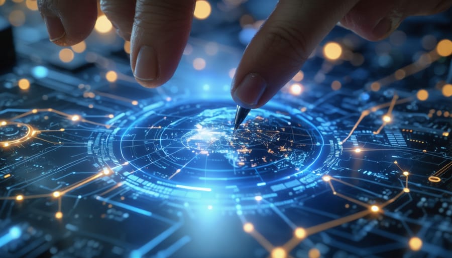 Business handshake over conference table with laptop and property keys