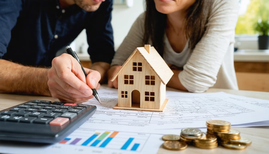 Couple at a kitchen table reviewing home expenses with a calculator, small house model, and stacked coins, softly lit by daylight, with a blurred open-plan kitchen and windowed street in the background.