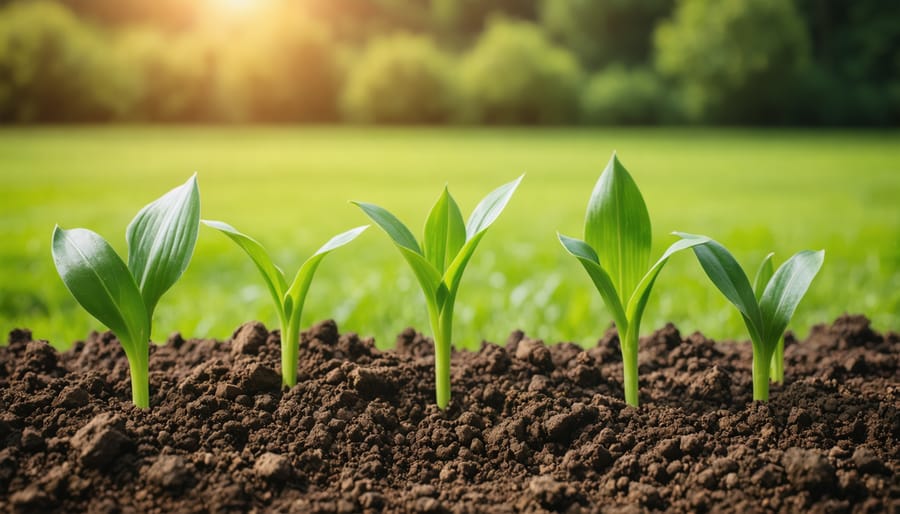 Farmer's hands holding rich dark soil with visible organic matter and earthworm
