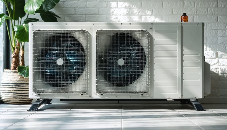 Modern energy-efficient heat pump installed on residential home exterior