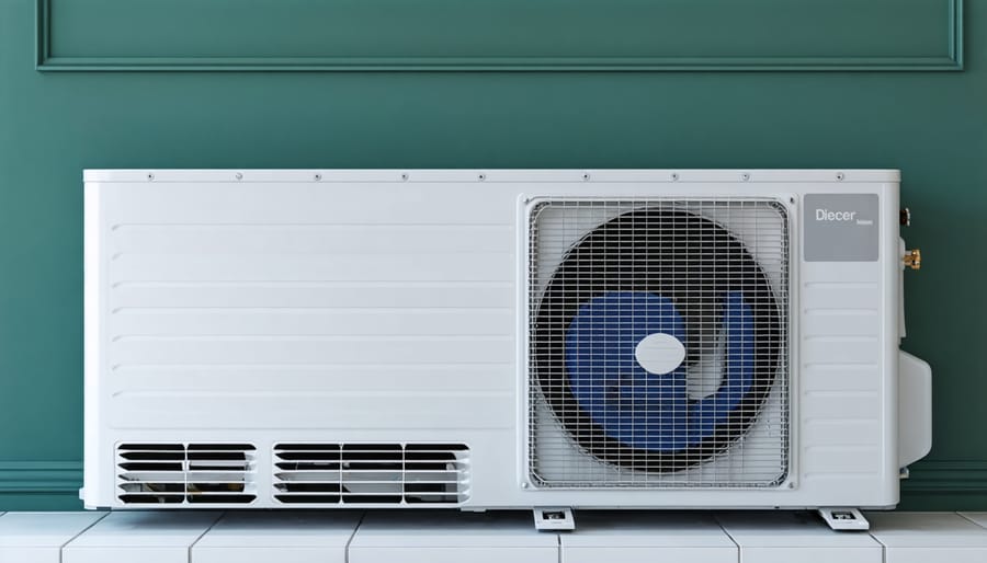 HVAC technician installing modern heat pump system on residential home exterior