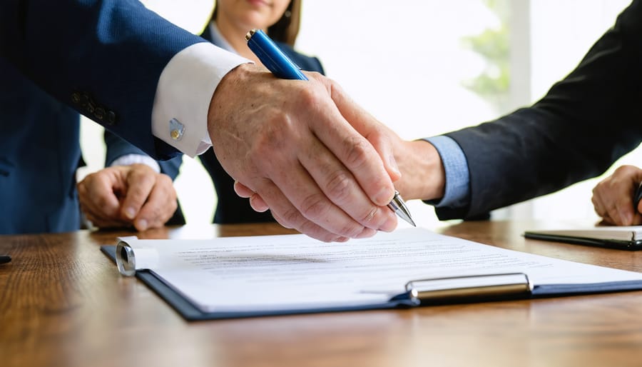 Eye-level close-up of a board member stopping a property manager from signing a contract on a conference table, with blurred colleagues, binders, and a condo model in the background under soft daylight.