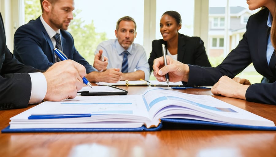 HOA board members and an advisor reviewing paperwork at a conference table, with a suburban townhouse community visible through a bright window and background elements softly blurred.