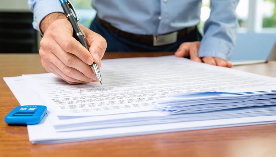 Professional handshake over signed contract with residential community in background