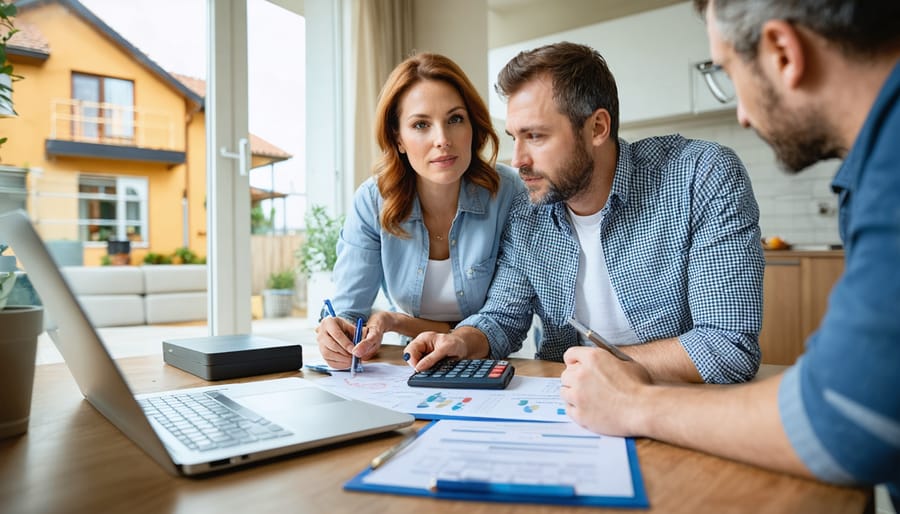 Homeowner couple meeting with an insurance agent at a kitchen table with documents, laptop, ring box, and calculator, soft daylight and blurred background showing a living room and a house with scaffolding outside