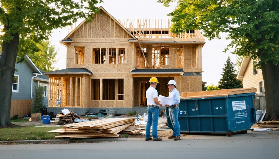 Contractor in a hard hat reviewing renovation plans with a homeowner in front of a suburban house under construction, with scaffolding, exposed framing, a roll-off dumpster, and tools visible in soft late-afternoon light.