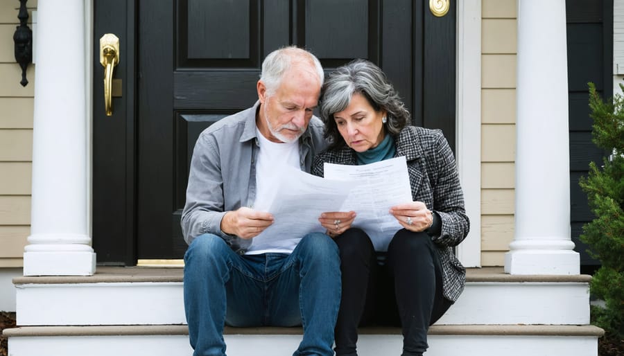 Concerned couple reviewing mortgage papers on the front steps of a suburban home with a blurred courthouse in the background, symbolizing foreclosure laws and timelines.
