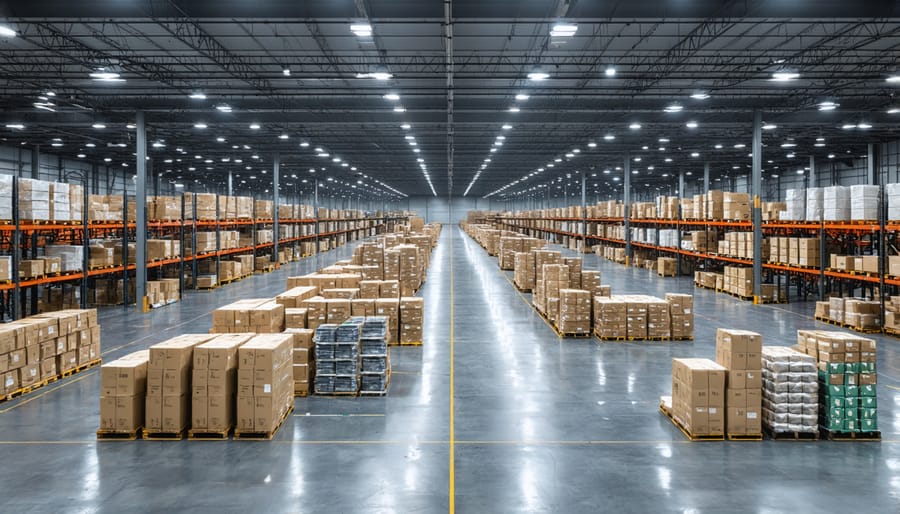 Large modern warehouse distribution center with loading docks and truck parking