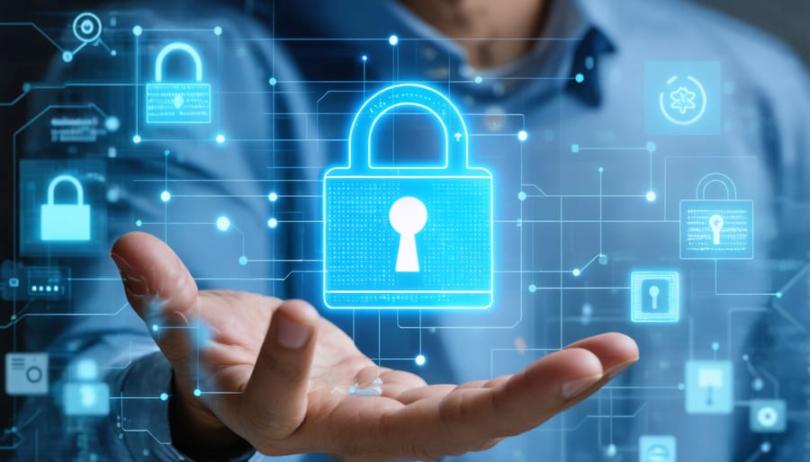 Laptop displaying secure login interface with multi-factor authentication elements on modern office desk