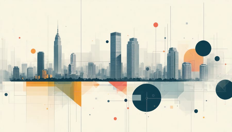 Business professional analyzing interactive 3D city map hologram for property investment analysis