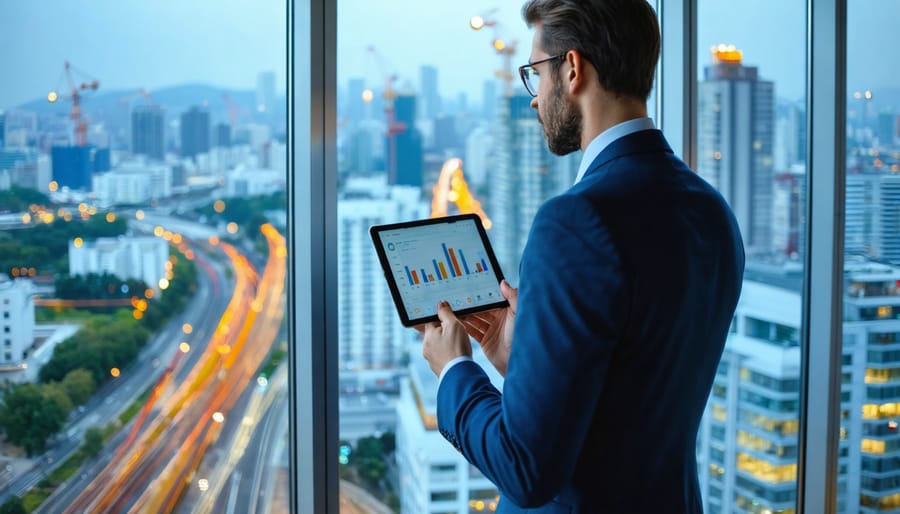Real estate analyst holding a tablet and looking out a floor-to-ceiling window at a city with mixed-use buildings, rail lines, highways, and construction cranes at golden hour
