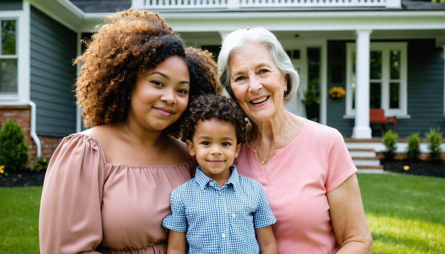 Diverse family standing on front porch of modest home with moving boxes