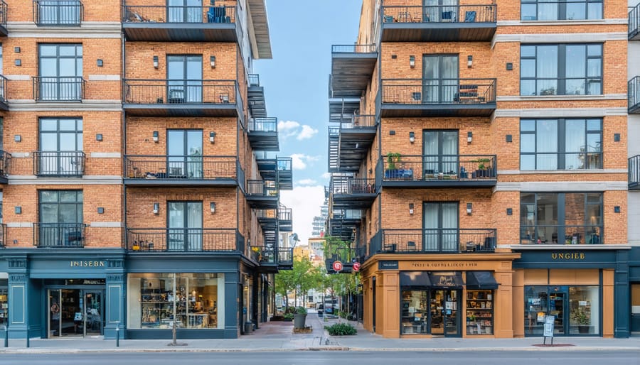 Modern mixed-use building with commercial storefronts on ground floor and residential apartments above