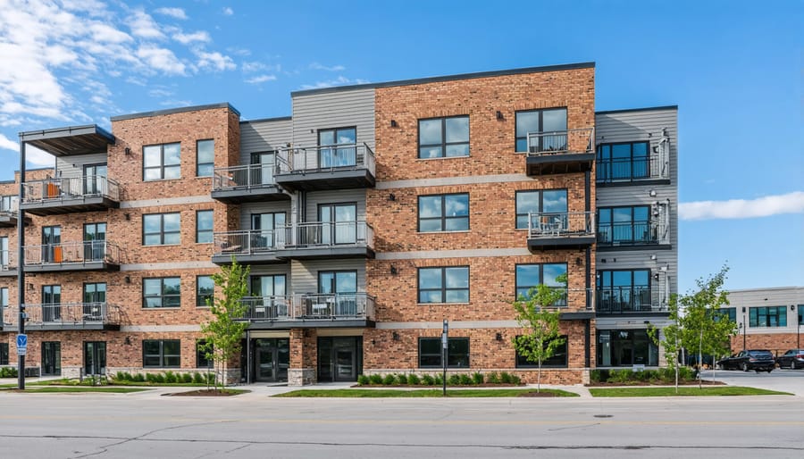 Insurance policy documents and property inspection materials on desk with building plans