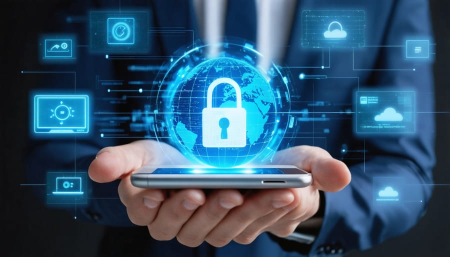 Overhead view of person using laptop and smartphone for secure multi-factor authentication at desk