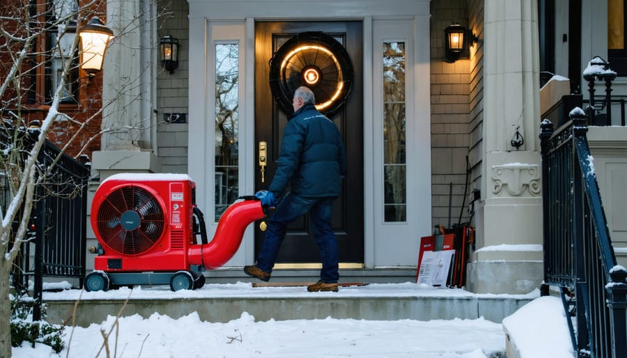 Energy auditor operating a blower door test in a New York brownstone entryway as a homeowner watches, with snow-covered stoop and neighboring brownstones visible outside