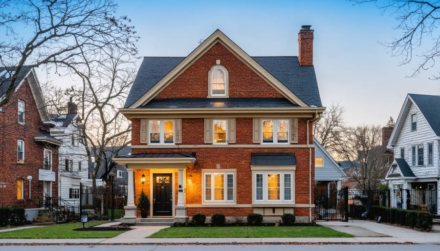 Traditional New York brownstone home in winter showing frost and snow accumulation