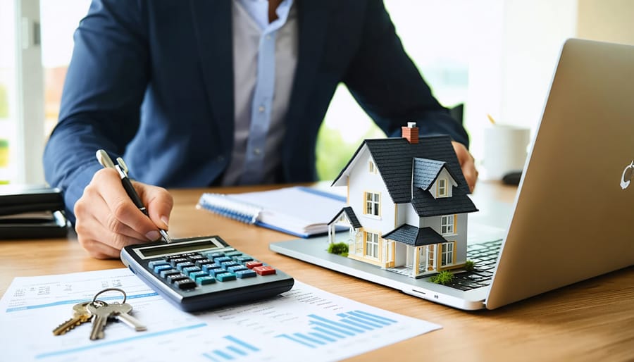 Real estate business owner working on a laptop at a modern desk with house keys, a small apartment building model, calculator, and paper receipts, in soft natural light with a blurred office and residential buildings in the background.