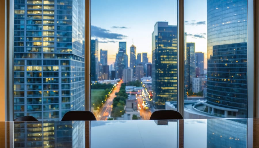 Investor silhouette in a glass-walled office overlooking a mixed-use city skyline at golden hour, with one brightly sunlit tower contrasting darker shaded buildings.
