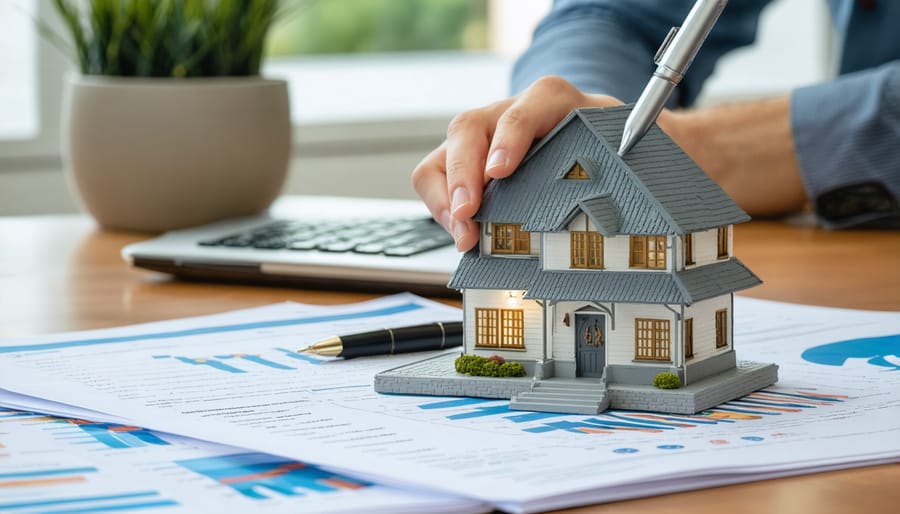 Overhead view of real estate professional's desk with laptop, calculator, house keys, and property documents