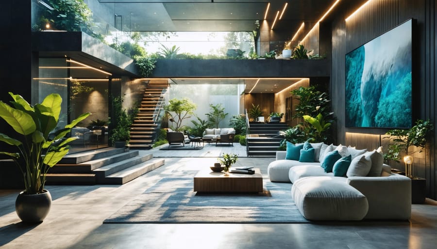 Business professional using digital tablet with technology interface in modern office