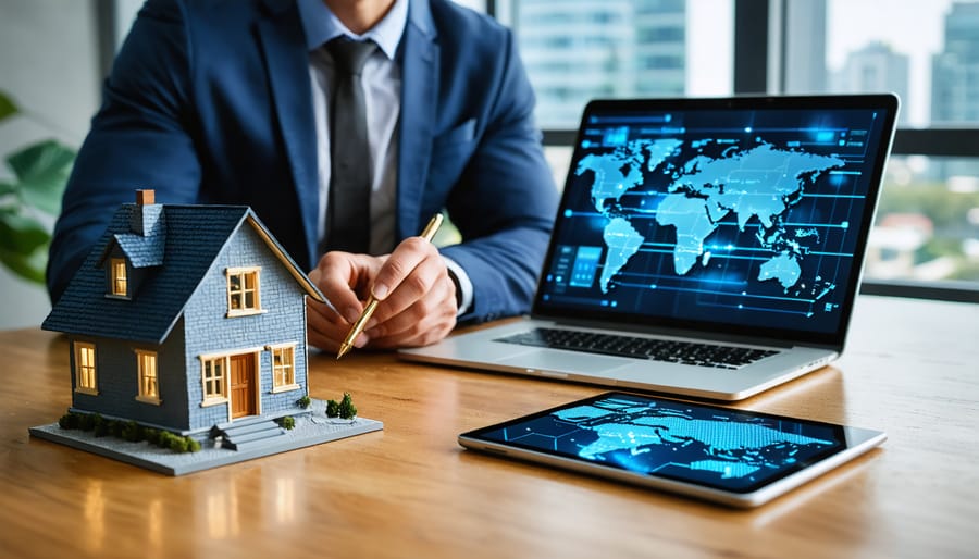 Real estate professional at a desk holding a brass compass next to a small house model, with laptop and tablet subtly connected by glowing lines in a daylight office, city skyline blurred in the background.